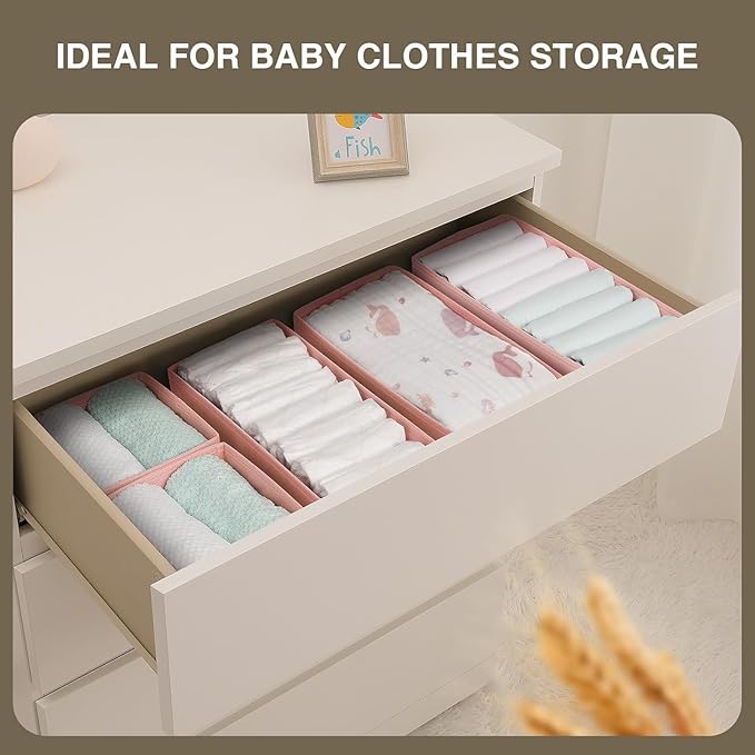 DIMJ Drawer Organizers for Clothing, Set of 8 Dresser Drawer Organizers, Fabric Closet Organizers and Storage, Drawer Dividers for Baby Clothes, Socks, Belt, Tie (Pink)
