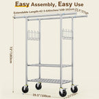 Heavy Duty Clothes Rack, 100% Stainless Steel Rolling Clothing Rack with 2 Tier Shelves, Double Rod Garment Racks for Hanging Clothing, Extendable Rolling Clothes Rack with Wheels (960LB)