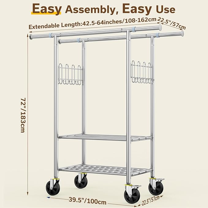 Heavy Duty Clothes Rack, 100% Stainless Steel Rolling Clothing Rack with 2 Tier Shelves, Double Rod Garment Racks for Hanging Clothing, Extendable Rolling Clothes Rack with Wheels (960LB)