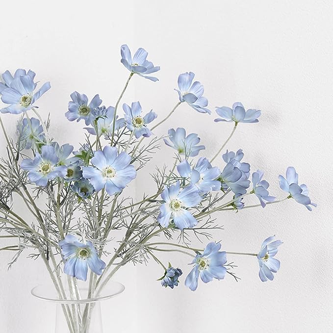 2 Pcs Artificial Fake Flowers Plants Cosmos Silk Flower Arrangements Wedding Bouquets Decorations Plastic Floral Table Centerpieces for Home Kitchen Garden Party Decor Approx 23.6'' High - Light Blue