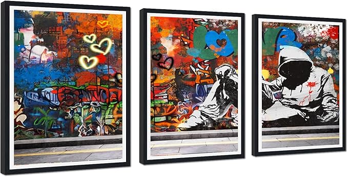 Novatique Modern Street Graffiti Wall Art Banksy Art Wall Decor Abstract Graffiti Poster Canvas Print Living Room Office Decoration,12" x 16" x 3Pcs