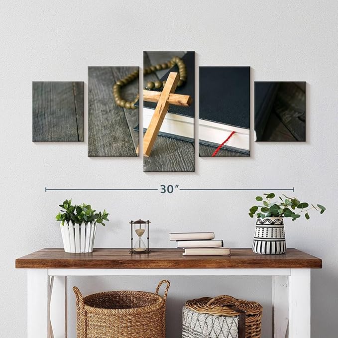 Elephant Stock Cross Canvas - 5 Panel Christian Pictures Decor - Canvas Print Wall Decor - Christian Cross Wall Art - 36" X 15"