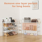 3 Tier Shoe Rack for Closet, Shoe Organizer with 5 Hooks, Long Shoe Shelf Storage for Shoe and Boot Stackable Free Standing Shoe Rack for Entryway, Garage, Small Spaces, Dorm, White