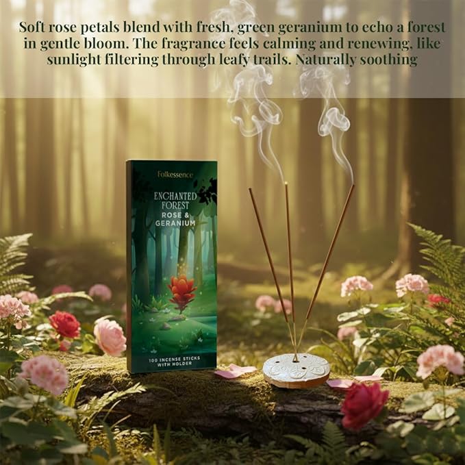 Folkulture Rose & Geranium Incense Sticks with Holder (100 Sticks)| Rose & Geranium Incents Stick for Aromatherapy | No Charcoal,Organic,Non Toxic, 45 Mins, Slow Burning Insence - Forest Inspired