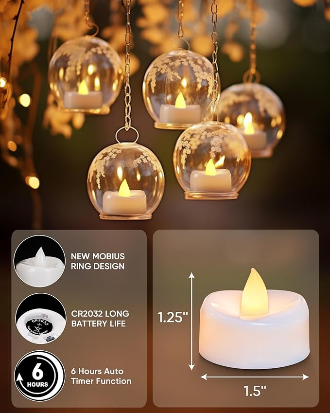 Flameless Candles, 24Pack Timer Fake Candle, LED Tea Light Candles, Battery Operated Votives with 6 Hours Timer Auto for Halloween Christmas Wedding Decor-1.5'' D X 1.25'' H, Warm Yellow
