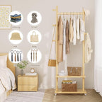 Coat Rack Freestanding Clothing Rack with Wheels & 2 Shelves Storage & 5 Hooks Heavy Duty Clothes Rack Wood Coat Tree Stand Hat Hanger Rack for Corner Bedroom Entryway Living Room Hotel Size L