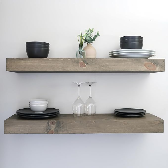 Urbandi Modern Floating Shelves 3 Inches Thick for Wall, Wide Shelves for Kitchen, Living Room, Bedroom, and Bathroom, Natural Pine Wood, Rustic Wooden Shelf, (Set of 2) (Aged Barrel, 36Lx3Hx8D)