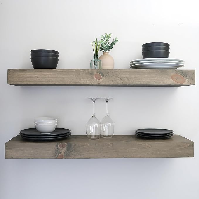 Urbandi Modern Floating Shelves 3 Inches Thick for Wall, Wide Shelves for Kitchen, Living Room, Bedroom, and Bathroom, Natural Pine Wood, Rustic Wooden Shelf, (Set of 2) (Aged Barrel, 60Lx3Hx6D)