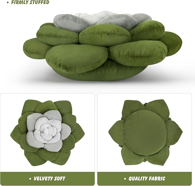 Flower Throw Pillow - 13.8" Plant Shaped Cushion, Soft Plush Decorative Pillow for Bedroom & Living Room, Unique Green Design, Home Decor Accen