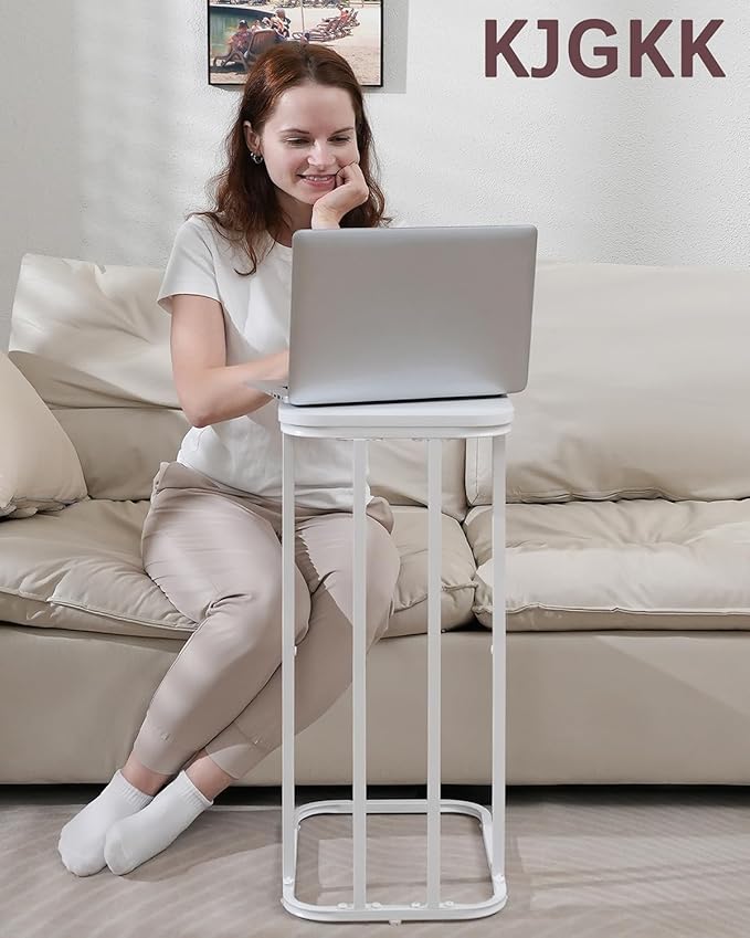 C Shaped End Table, 27 Inches High Small Side Table for Sofa and Bed, Couch Table Slides Under, Tall Tv Tray Table for Living Room, Bedroom, Metal Frame, Snow White