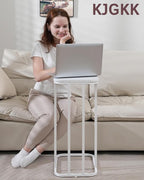 C Shaped End Table, 27 Inches High Small Side Table for Sofa and Bed, Couch Table Slides Under, Tall Tv Tray Table for Living Room, Bedroom, Metal Frame, Snow White