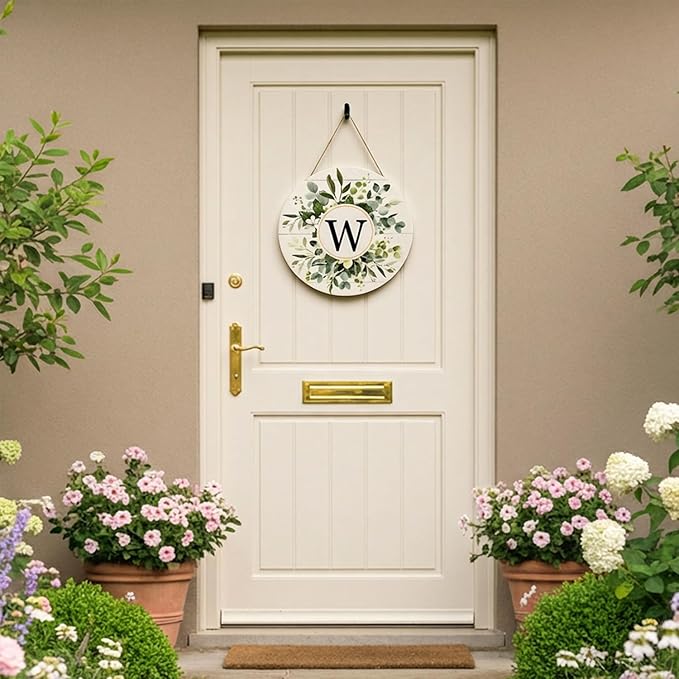 Smile Monogram Letter W Wreaths Wooden Welcome Sign, Family Last Name Initial Front Door Wall Decoration, Floral Spring Summer Porch Rustic Home Kitchen Decor