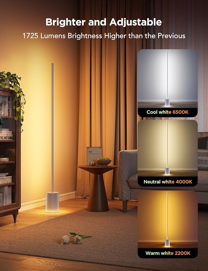 Govee Floor Lamp 2, RGBIC, Warm Cool White LED,Compatible with SmartThings, Matter, Alexa, 1725lm, Music Sync, Scene Modes, Smart Floor Lamp for Living Room, Bedroom, Silver(1 Pack)