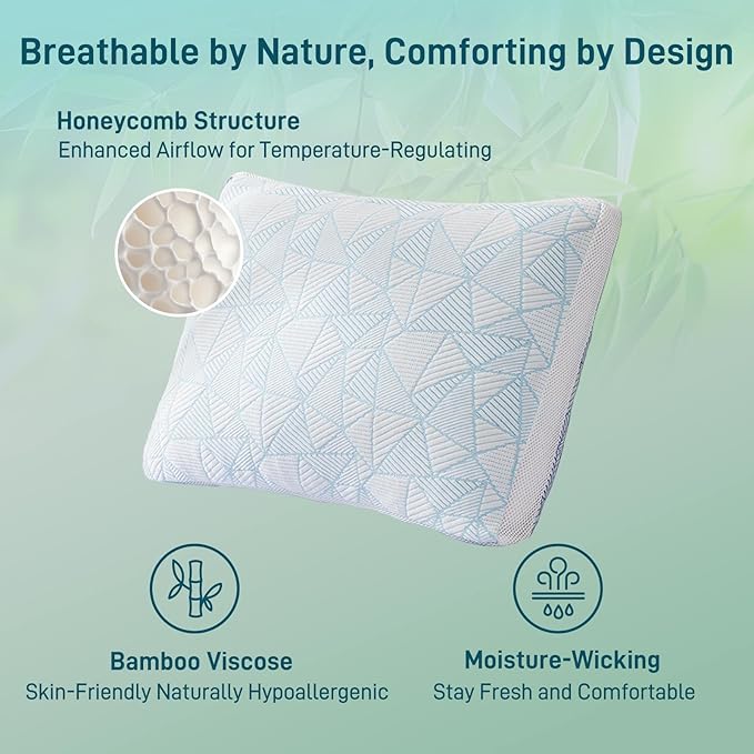 Shredded Memory Foam Cooling Soft Bamboo Viscose Pillows Adjustable Hypoallergenic Hotel Quality Pillows for Stomach, Back or Side Sleeper, Oeko-TEX Certified Queen Size Set of 2