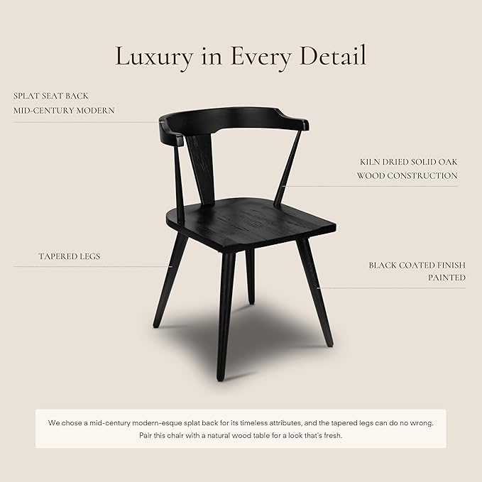 Poly & BARK Mid Century Modern Enzo Black Dining Chair – Solid Oak Wood Splat Back Chair, 18" Seat Height, 32" Tall – Stylish MCM Kitchen & Dining Room Chair - Set of 4