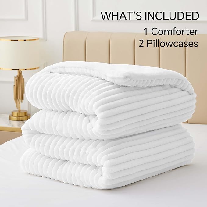 BEDELITE Fleece California King Comforter Set -Super Soft & Warm Fluffy Bright White Bedding, Luxury Fuzzy Heavy Bed Set for Winter with 2 Pillow Cases