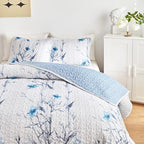 Flysheep Botanical Quilt Set 2 Pieces Twin Size, Blue Flower Branch on White Reversible Bedspread Coverlet Set, Soft Microfiber Lightweight Bed Cover for Kids (68" x 86", 1 Quilt+ 1 Pillow Sham)