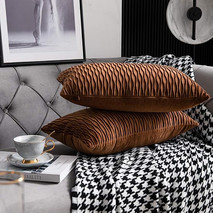 Light Brown Throw Pillow Cases: 2 Pack 12x20 Inch Original Stripe Velvet Rectangular Decorative Pillow Covers for Farmhouse Couch