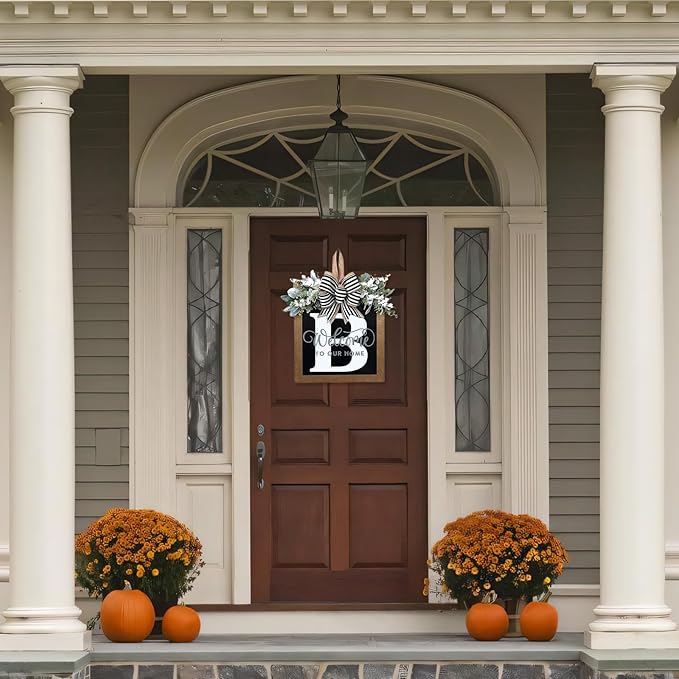 Ultra Large 14'' Last Name All Year Round Front Door Wreath with 26 Initial Letter Welcome Sign All Seasons Eucalyptus Garland and Bow Wreaths for Front Door Porch Farmhouse Decoration (B)