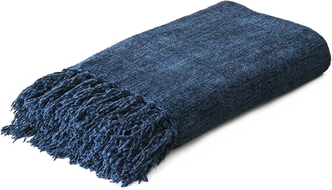 Navy Chenille Throw Blanket for Couch Bed，Soft Cozy Throw Blanket with Handmade Fringe, Decorative Blanket for Sofa Chair Living Room for Gift,Navy 50" x 60"
