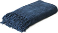 Navy Chenille Throw Blanket for Couch Bed，Soft Cozy Throw Blanket with Handmade Fringe, Decorative Blanket for Sofa Chair Living Room for Gift,Navy 50" x 60"