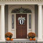 Ultra Large 14'' Last Name All Year Round Front Door Wreath with 26 Initial Letter Welcome Sign All Seasons Eucalyptus Garland and Bow Wreaths for Front Door Porch Farmhouse Decoration (U)