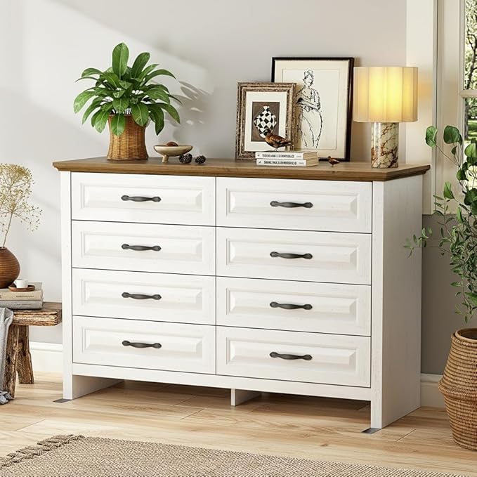 Marsail Farmhouse 8 Drawer Dresser, Wood Chest of Drawers with Natural Texture, Smooth Gliding Drawers, Versatile Storage Organizer Cabinet for Bedroom & Living Room, White and Brown