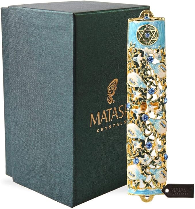 Matashi 6" Hand Painted Enamel Mezuzah Embellished with a Ivy and Flowers Design with Gold Accents Blue Crystals