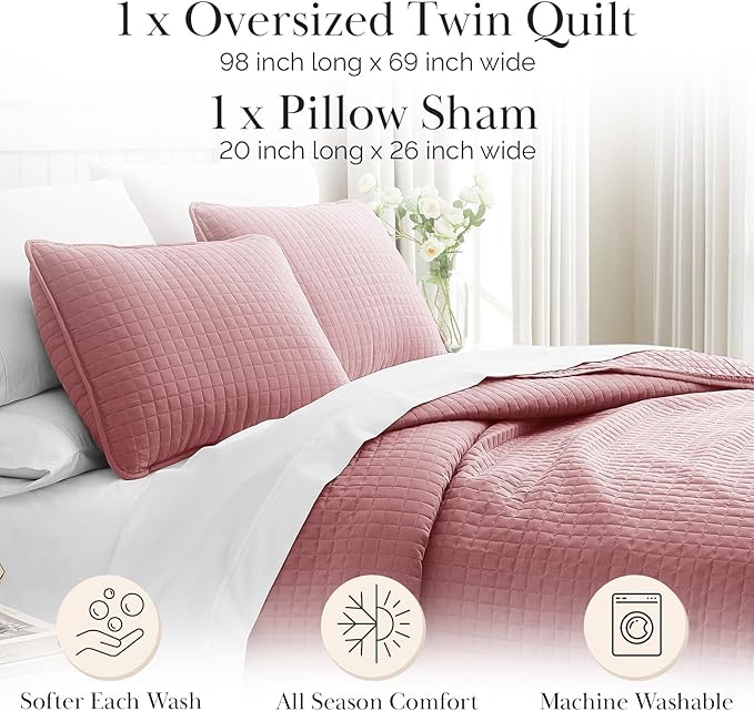 Southshore Fine Living, Inc. Twin XL Quilt Set with Pillow Sham, Quilted Twin Bedspread, Coverlet, Oversized Bed Quilt for Full Coverage, Soft and Comfy, Easy Care, Machine Washable, Marsala