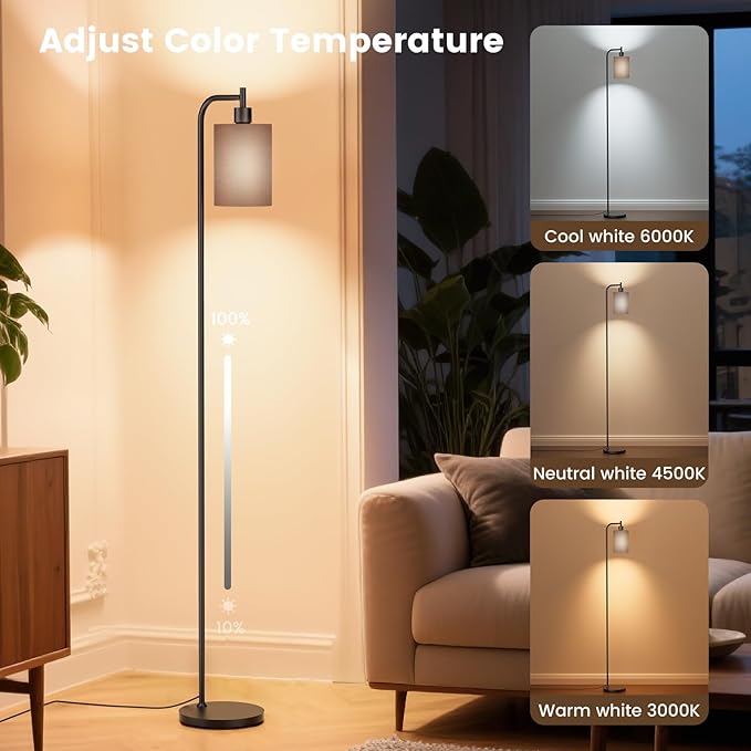 Floor Lamp with Linen Shade, Dimmable Tall Standing Lamp with Remote Control & 3 Color Temperatures, Modern Floor Lamps for Living Room Bedroom Office Corner, 9W LED Bulb Included
