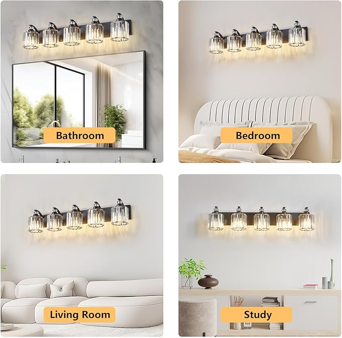 5-Light Black Bathroom Light Fixture Modern Vanity Lights Over Mirror Vintage Wall Sconce Lighting for Bathroom, Bedroom, Living Room, Hallway E26 Base with Crystal Bathroom Vanity Light