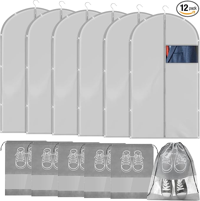 SATINIOR 12 Pcs 40 Garment Bags for Travel Shoe Bags for Packing, Men Suit Cover for T-shirts, Coats, Jackets, Uniforms, Clothes, Shoes, Sneakers(Grey)