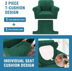 H.VERSAILTEX Sofa Cover 2 Piece T Cushion Armchair Slipcovers Thick Velvet Couch Cover Stretch T Cushion Sofa Covers for 1 Cushion Couch with 1 Individual T Cushion Covers, Vintage Green