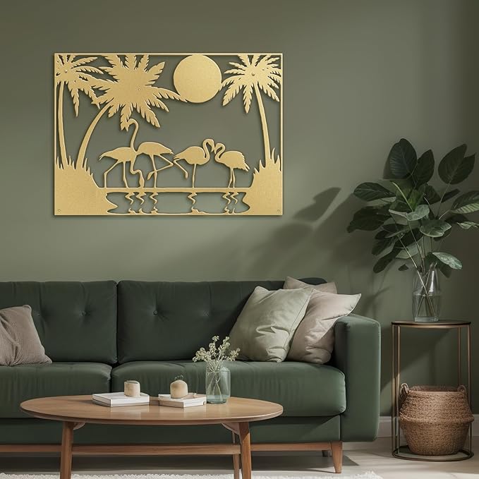 SIGNLEADER Metal Wall Art Moonlit Flamingos and Palm TreesDecor Modern Abstract Wall Sculpture Hangings Home Decoration for Living Room, Bedroom, Bathroom, Kitchen, Outdoor - 30" Gold