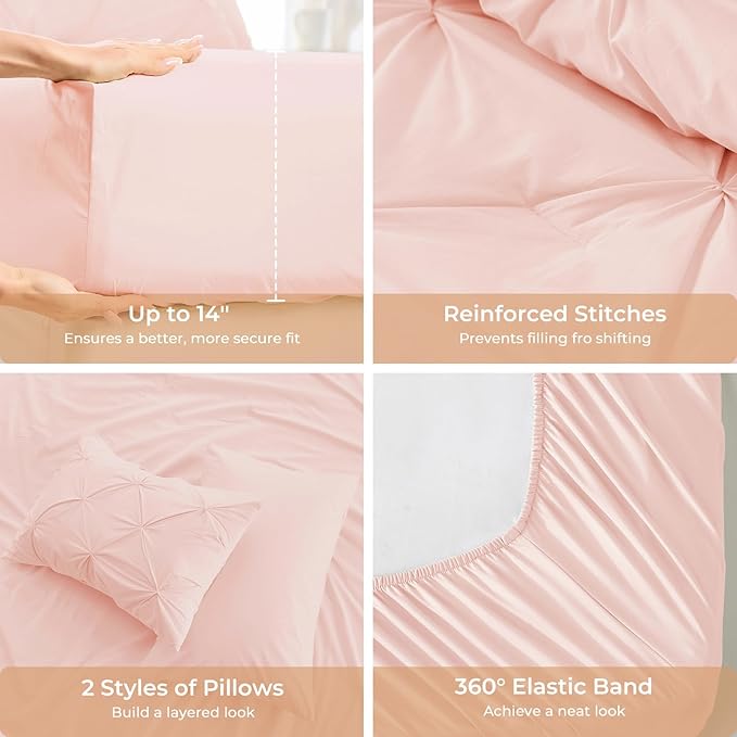 Sasttie King Size Comforter Set, 7-Piece Bed in a Bag, Pintuck Bedding Set for All Season, Includes Comforter, Flat Sheet, Fitted Sheet, Pillowcases and Pillowshams, Blush Pink