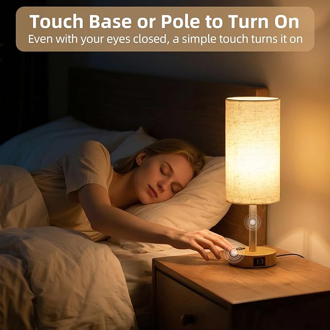 Bedside Table Lamp, High-Sensitivity Touch, 3-Level Dimmable Nightstand Lamp with AC Outlet | USB | and USB-C, Ideal Desk Lamp for Bedside, Bedroom, Reading, Living Room(LED Bulb) (Warm)