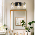 LOUSACE Bathroom Light Fixtures Black and Gold, 3 Light Bathroom Vanity Light, Modern Bathroom Light over Mirror with Clear Glass Shades, Brushed Gold Socket Wall Vanity Lighting Fixtures for Bathroom