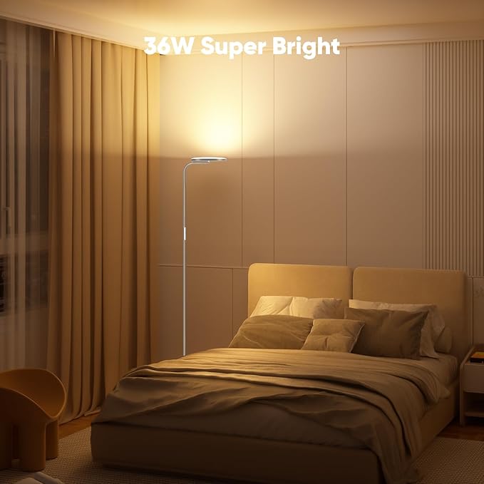 36W LED Floor Lamp, Upgrade Super Bright Standing Lamp, Modern Stepless Dimmable Torchiere Tall Lamp with Remote Control, 350°Rotating Head Reading Floor Lamp for Living Room, Bedroom, Office