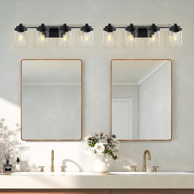Bathroom Vanity Light Fixture, 4-Light Modern Black Vanity Light Fixtures with Clear Glass Shade, Matte Black Bathroom Light Fixtures Over Mirror, Rustic Restroom Lighting Fixtures