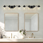 Bathroom Vanity Light Fixture, 4-Light Modern Black Vanity Light Fixtures with Clear Glass Shade, Matte Black Bathroom Light Fixtures Over Mirror, Rustic Restroom Lighting Fixtures