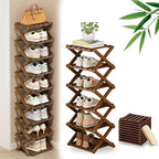 DDRIC 9-Tier No-Assembly Bamboo Rack, 2026 Upgraded Foldable Corner Shoe Rack, Space-Saving Organizer for Shoes, No-Tool Narrow Shelf for Entryway Closet Dorm (Brown,6-Tier)