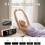 Netzu 3-in-1 Digital Clocks for Living Room with Temperature, Date & Time Display - 4 Levels Birghtness, 3 Volumes, Small & Compact Plug-in Alarm Clock for Bedroom Pink