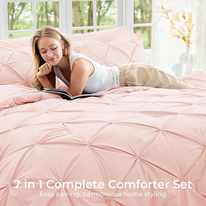 Sasttie Twin Comforter Set, 5-Piece Bed in a Bag, Pintuck Bedding Sets for All Season, Includes Comforter, Flat Sheet, Fitted Sheet, Pillowcase and Pillowsham, Blush Pink