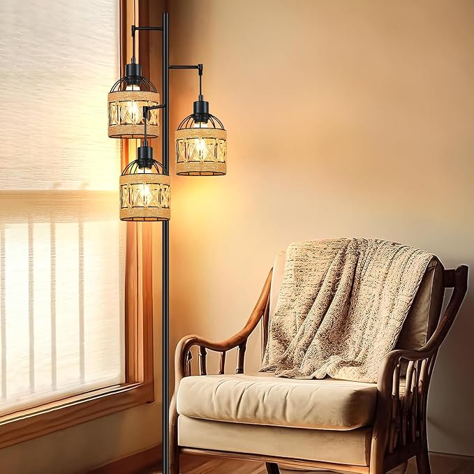 Floor Lamp for Living Room,Bedroom,3-Lights Boho Rattan Tree Floor Lights,Industrial Black Farmhouse Standing Lamp Wicker Rustic Tall Lamp,Woven Bamboo LampShade Floor Lamps Bohemian
