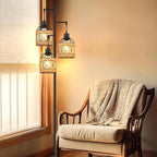 Floor Lamp for Living Room,Bedroom,3-Lights Boho Rattan Tree Floor Lights,Industrial Black Farmhouse Standing Lamp Wicker Rustic Tall Lamp,Woven Bamboo LampShade Floor Lamps Bohemian