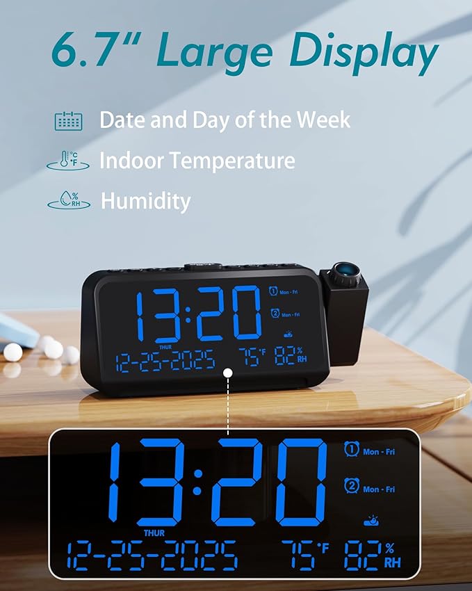 Roxicosly Projection Alarm Clock for Bedroom Ceiling, 118 dB Super Loud for Heavy Sleepers, 6.7" Large Digital Dimmable Display with Day Date Indoor Temp Humidity, Dual Alarms Adjustable Volume