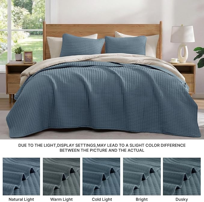 WRENSONGE King Size Quilt-3 Pieces Lightweight Bedspreads Oxford Blue King Quilt Bedding Set for All Seasons, Soft Summer Coverlet with 2 Pillow Shams Suitable for Bed, Couch, Quilt Blanket