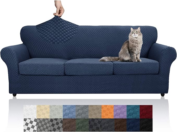 YEMYHOM Latest Checkered 4 Pieces Couch Covers for 3 Cushion Couch High Stretch Thickened Sofa Cover for Dogs Pets Elastic Slipcovers Living Room Furniture Protector (Navy), 71"-91"(3 Cushions)