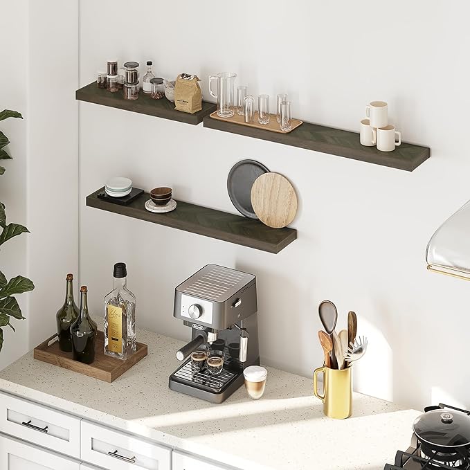 48" Rustic Farmhouse Floating Shelves – Set of 2 Acacia Wood Shelves for Stylish Wall Decor in Kitchen, Bathroom, Unique Chevron Pattern, Mocha Color, 48x8x1.5 Inches - Set of 2 - DIY
