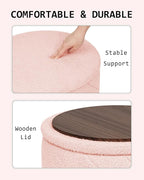 Round Boucle Storage Ottoman with Reversible Wood Tray, 17.7" Sherpa Cylinder Footrest Stool with Storage, Upholstered Folding Ottoman Coffee Table for Living Room Bedroom Dorm, Pink
